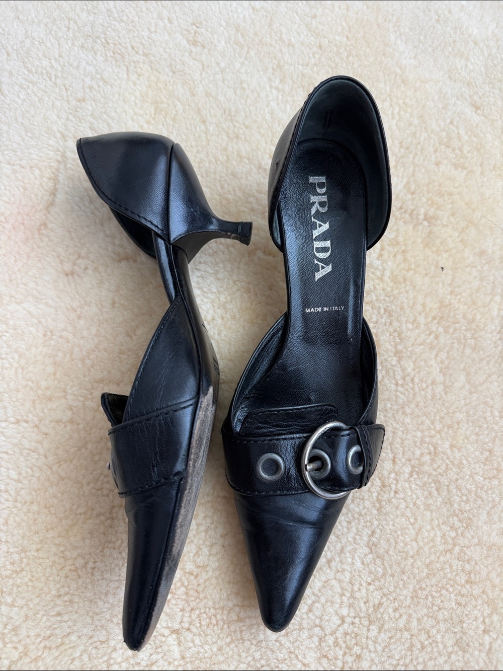 Vintage y2K rare Prada Black Leather Pointed-Toe Mule kitten Heels - Picture 3 of 4